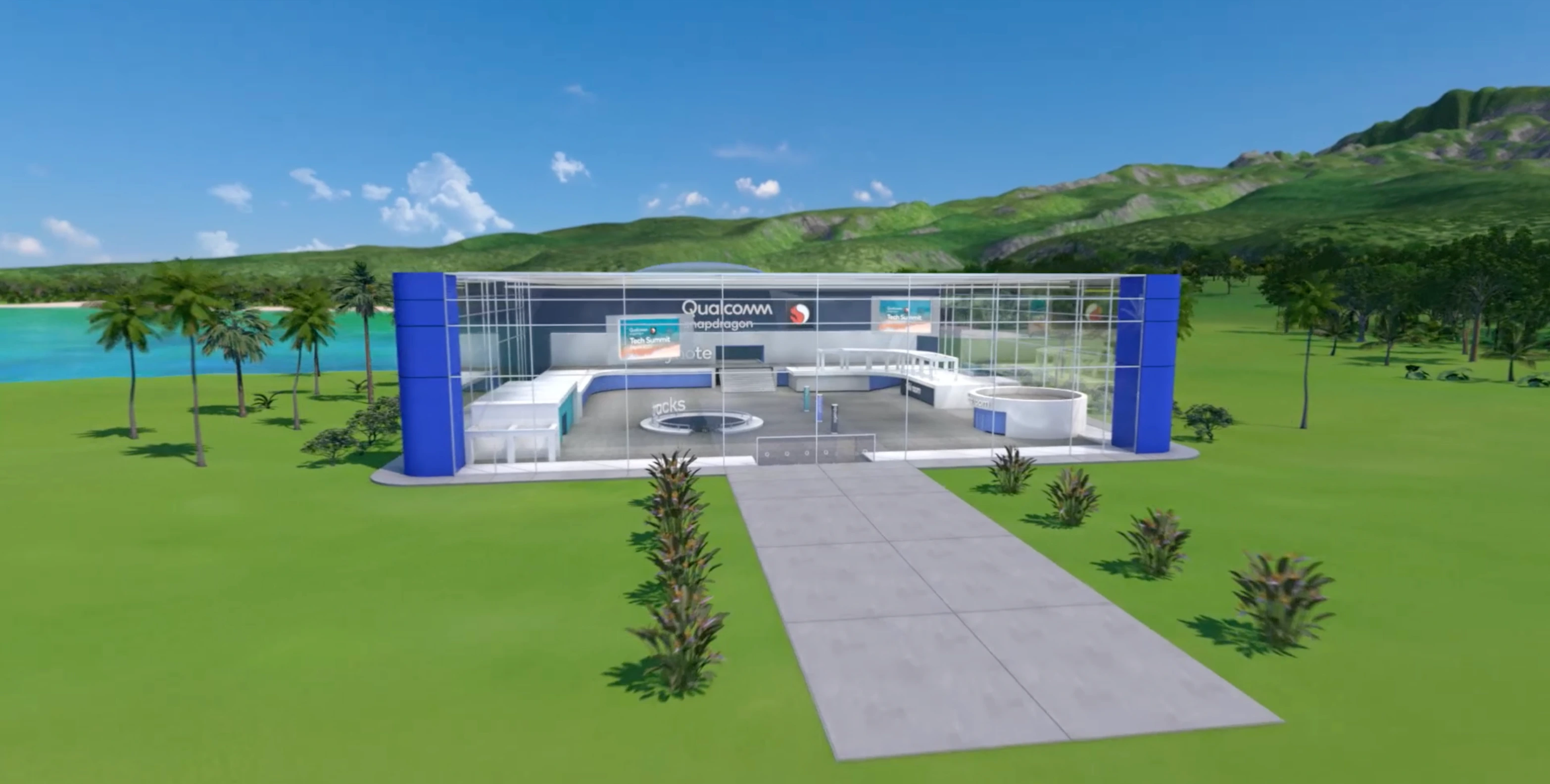 Rendering of the Qualcomm Tech Summit virtual platform pavilion in a tropical landscape