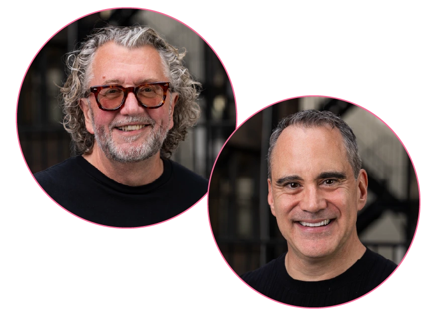 Paired circular headshots of Mark Shearon and Chuck Santoro for the Proscenium at 15 episode