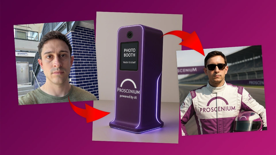 Graphic of a Proscenium AI photobooth turning a selfie into a race car driver portrait