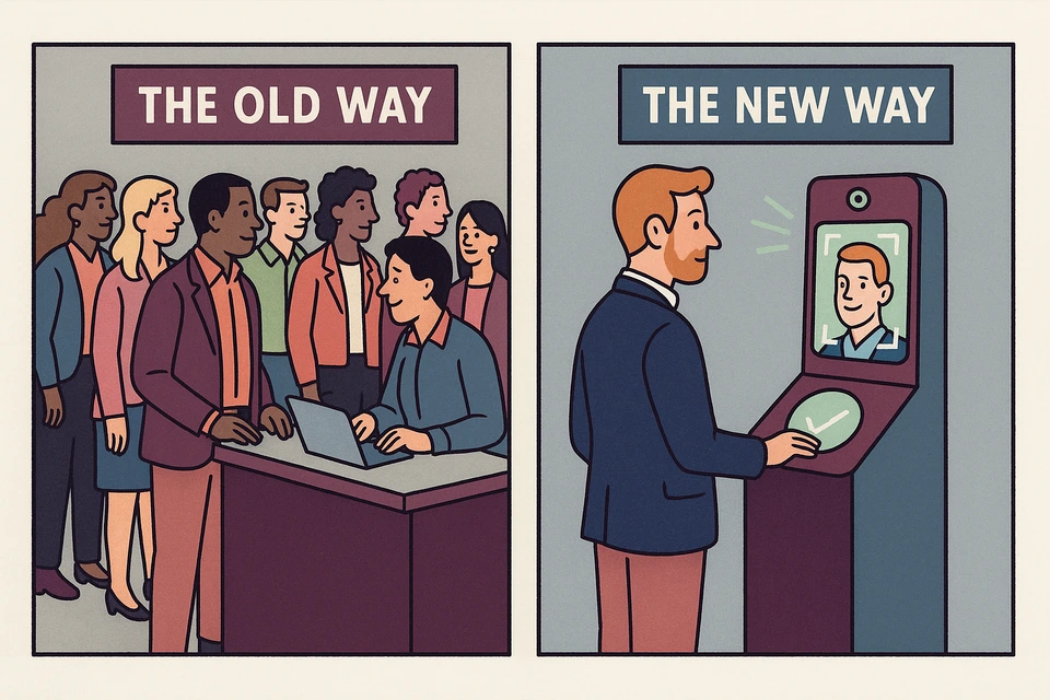 Illustration contrasting a long check-in line, the old way, with facial recognition check-in, the new way