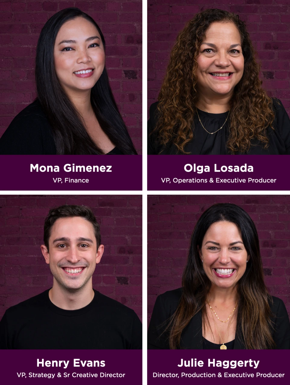 Grid of Proscenium leadership headshots: Mona Gimenez, Olga Losada, Henry Evans and Julie Haggerty