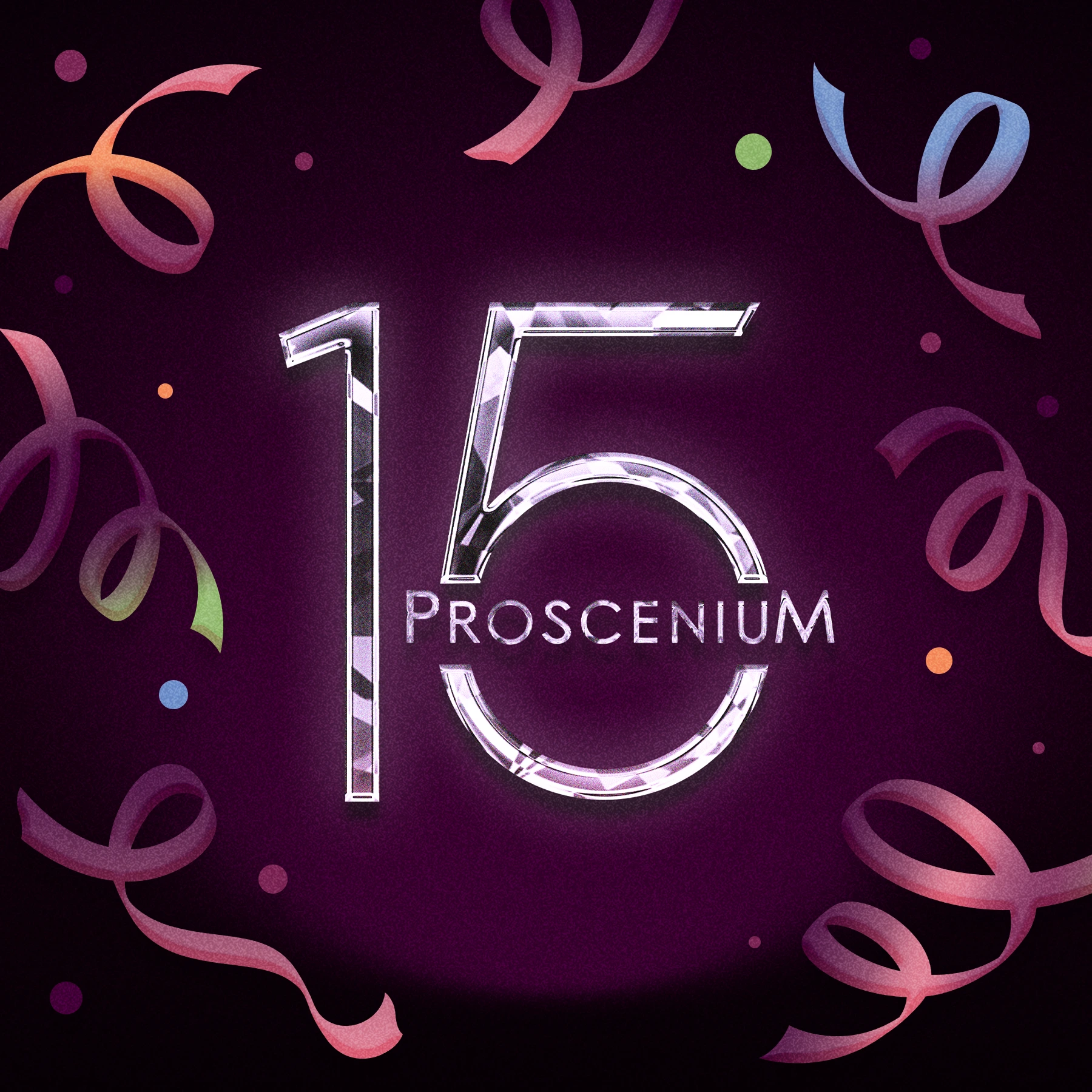 Jeweled number 15 with the Proscenium wordmark surrounded by confetti streamers on plum