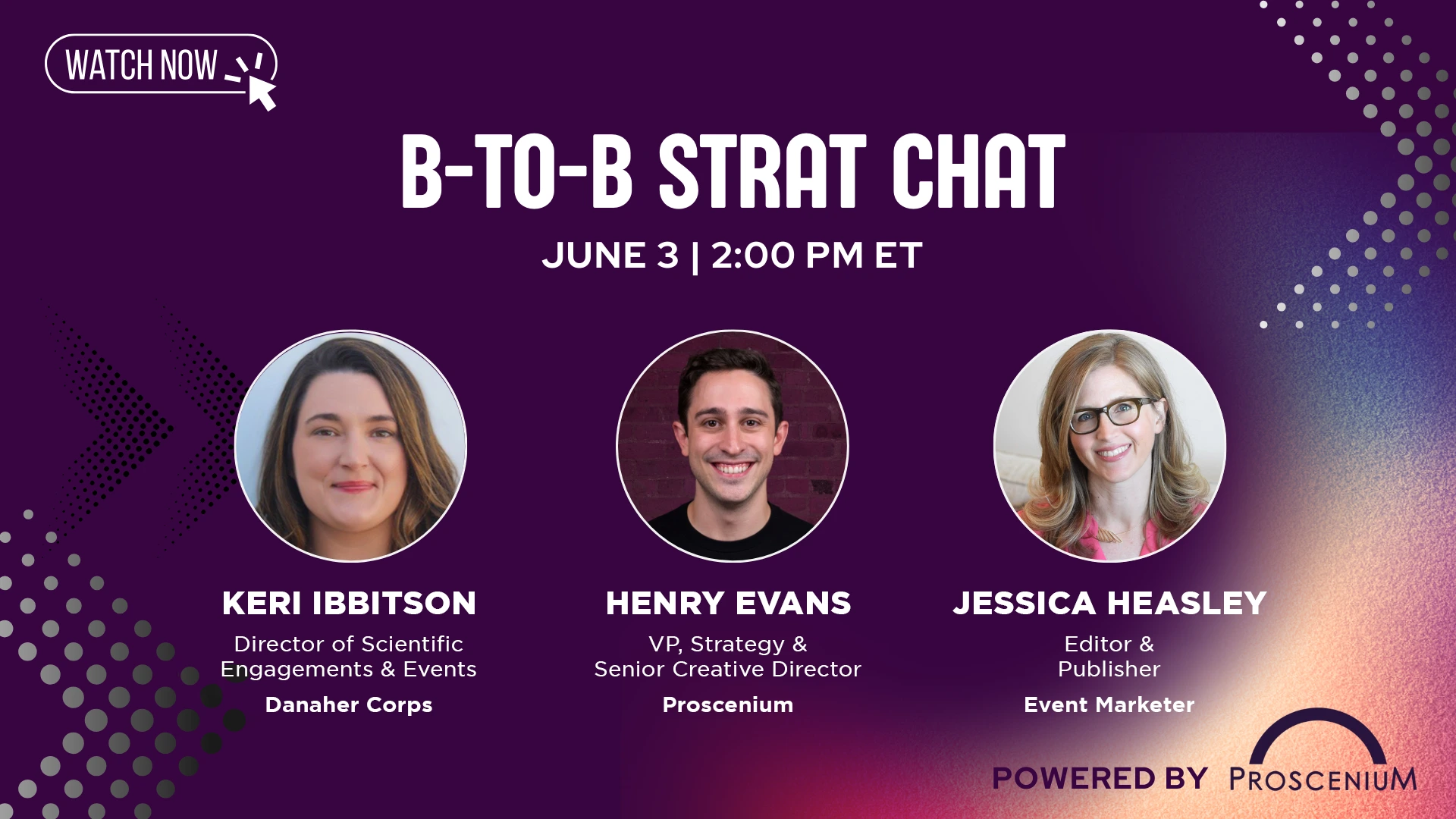 B-to-B Strat Chat promo with headshots of Keri Ibbitson, Henry Evans, and Jessica Heasley
