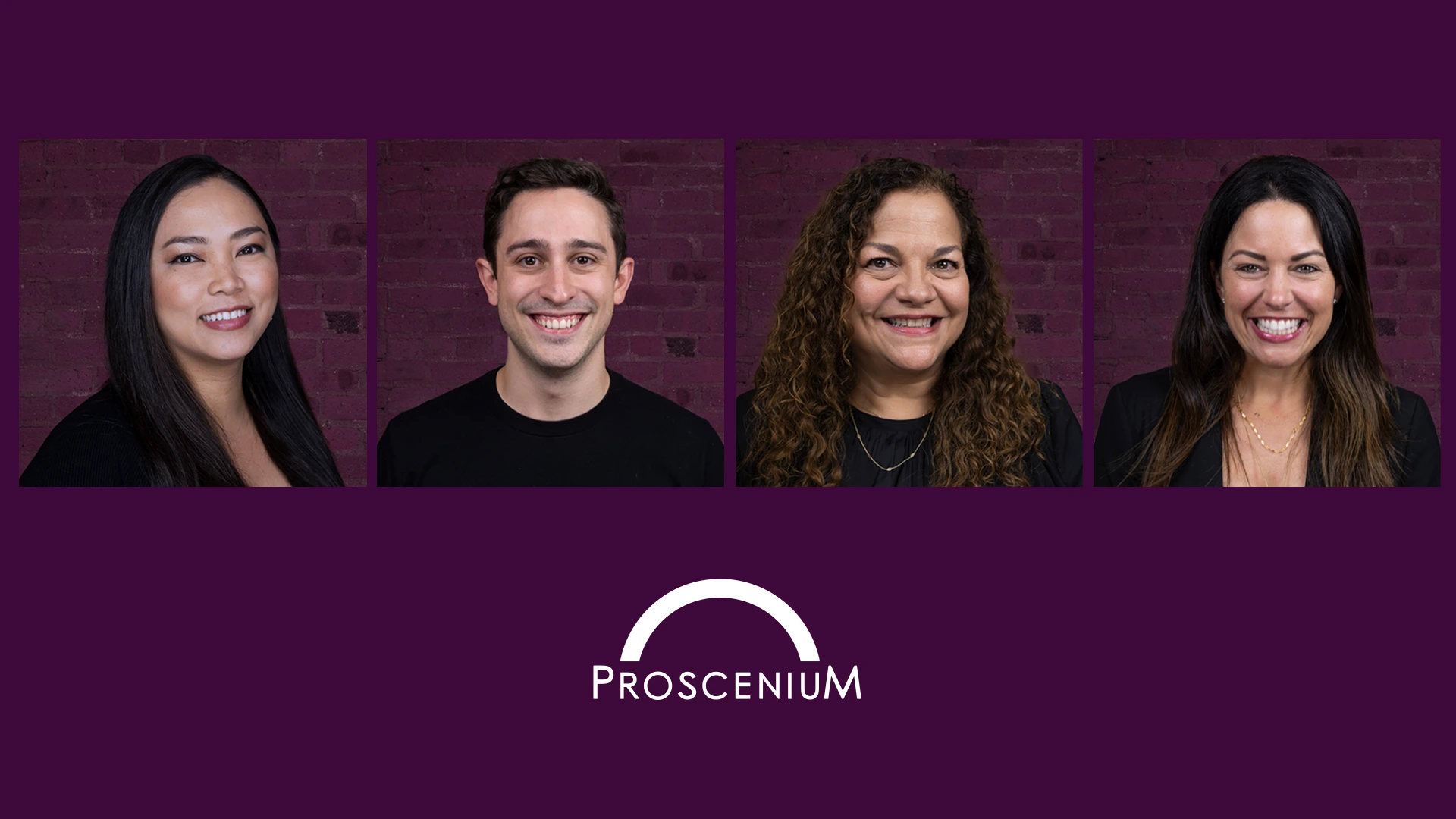 Four smiling Proscenium team headshots on a plum background above the arch logo