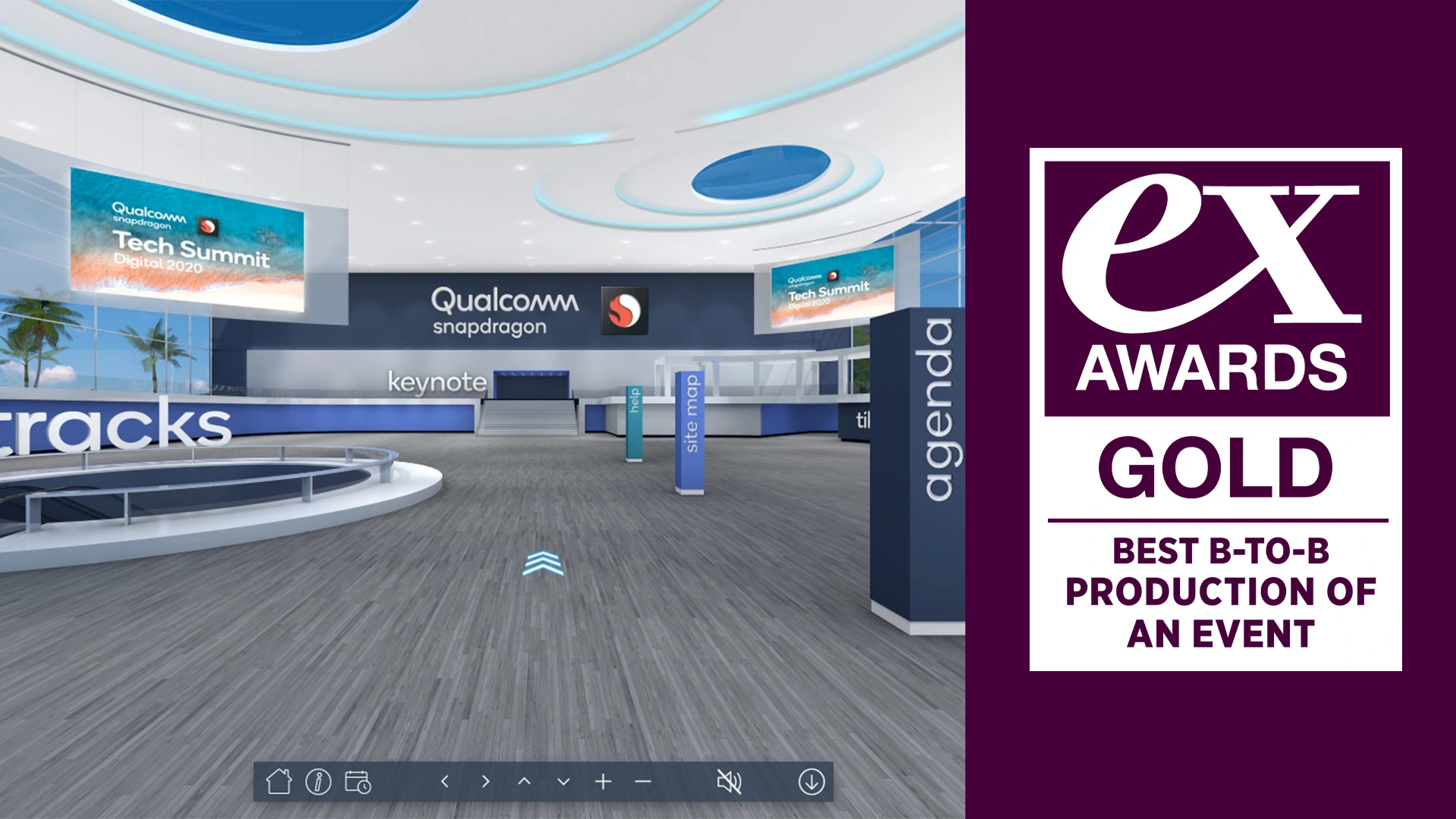 Ex Awards gold badge for Best B-to-B Production beside the Qualcomm Tech Summit Digital 2020 virtual venue