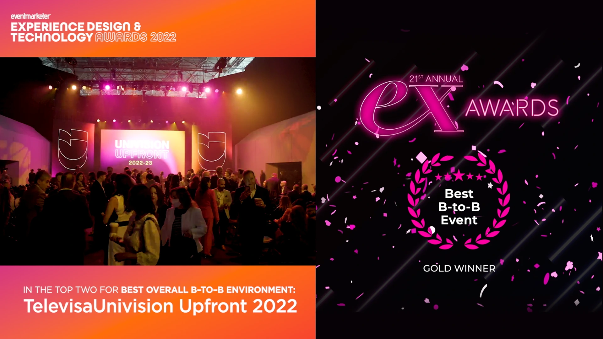 TelevisaUnivision Upfront 2022 crowd shot paired with an Ex Awards Best B-to-B Event gold winner graphic