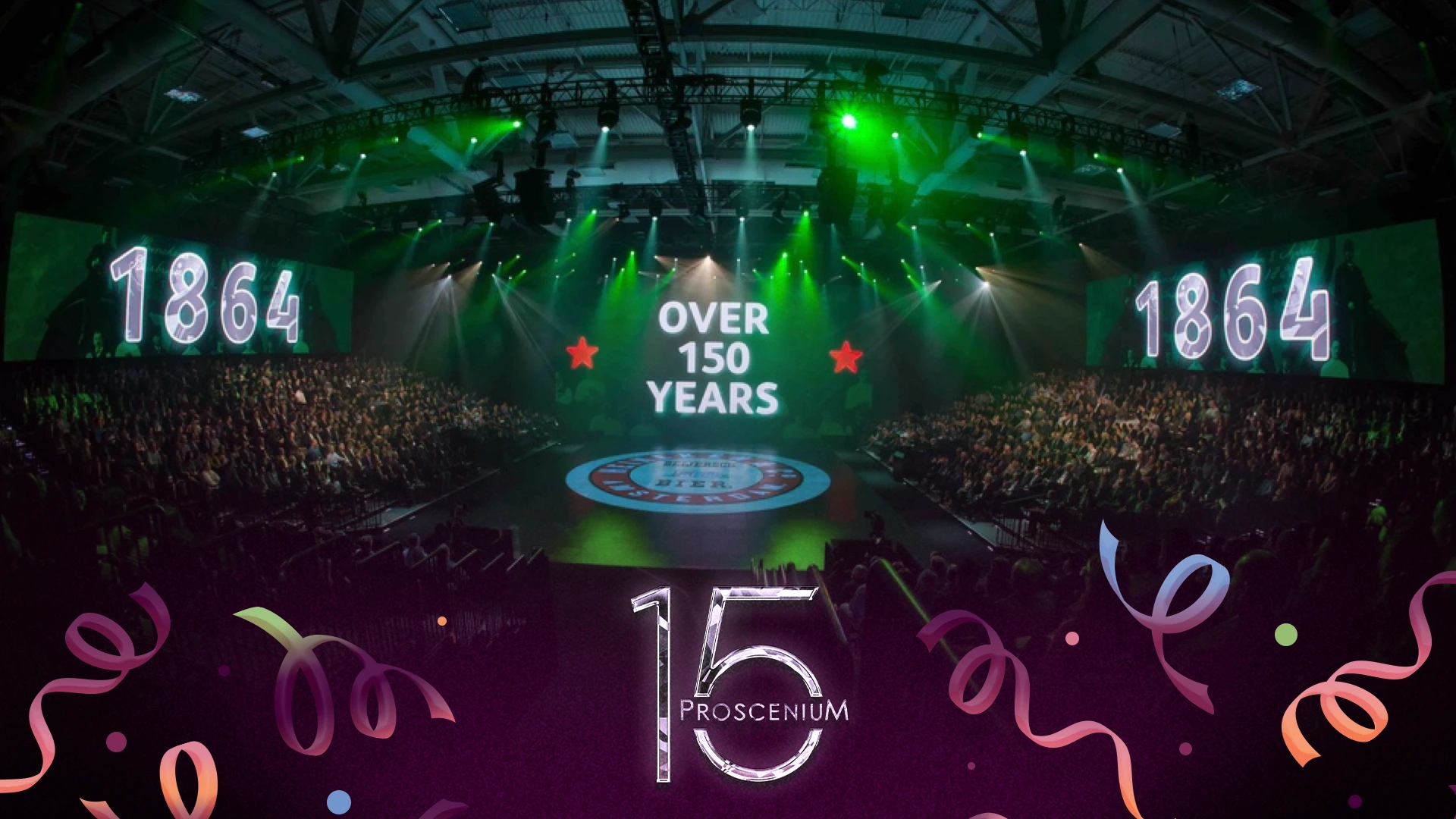 Heineken Dallas arena stage with Over 150 Years and 1864 on huge screens over a packed crowd