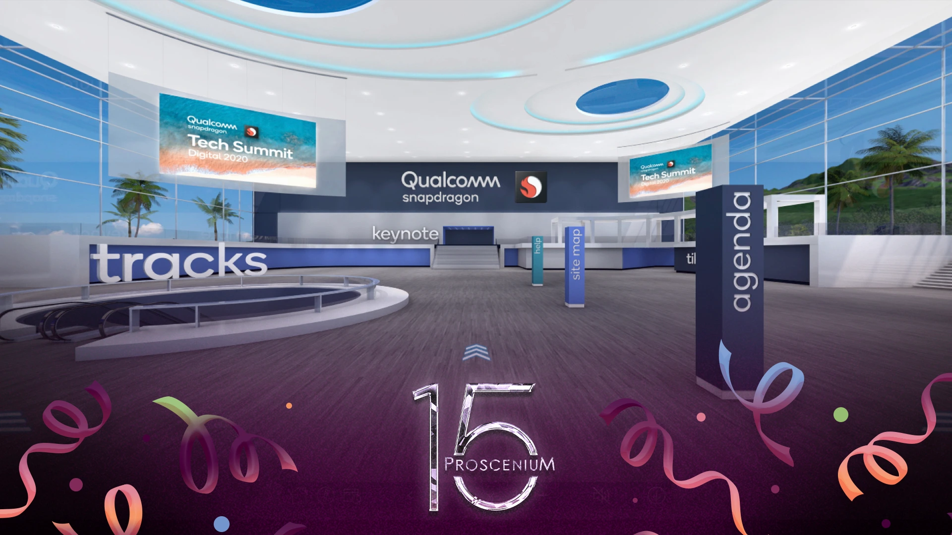 Rendering of Qualcomm Snapdragon Tech Summit Digital 2020 virtual venue with tracks, keynote and agenda areas