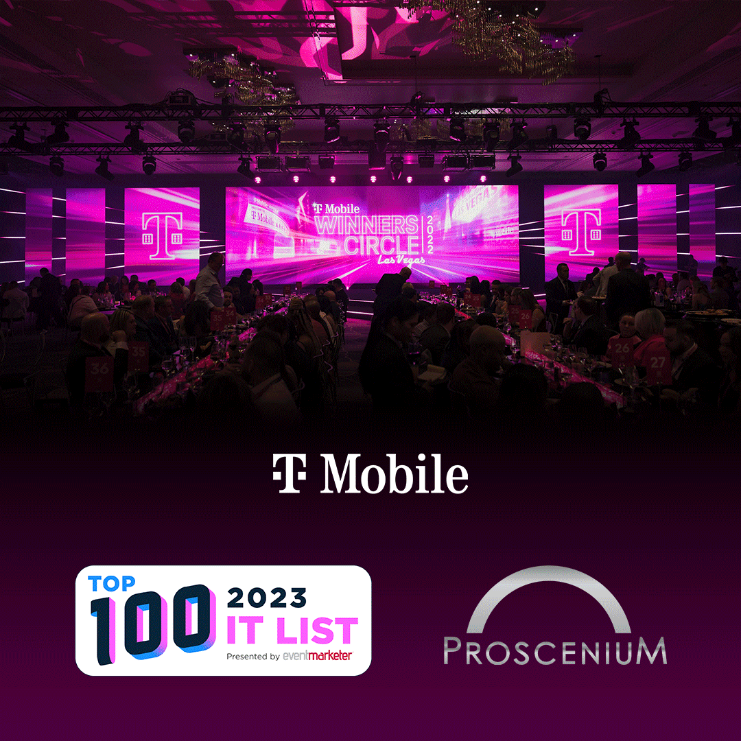 T-Mobile Winners Circle ballroom with the 2023 Top 100 IT List badge and Proscenium logo