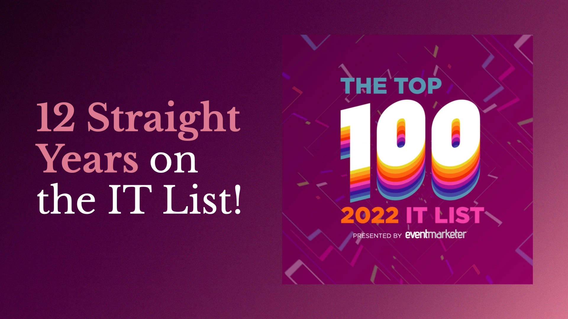 12 Straight Years on the IT List beside the Event Marketer Top 100 2022 IT List badge