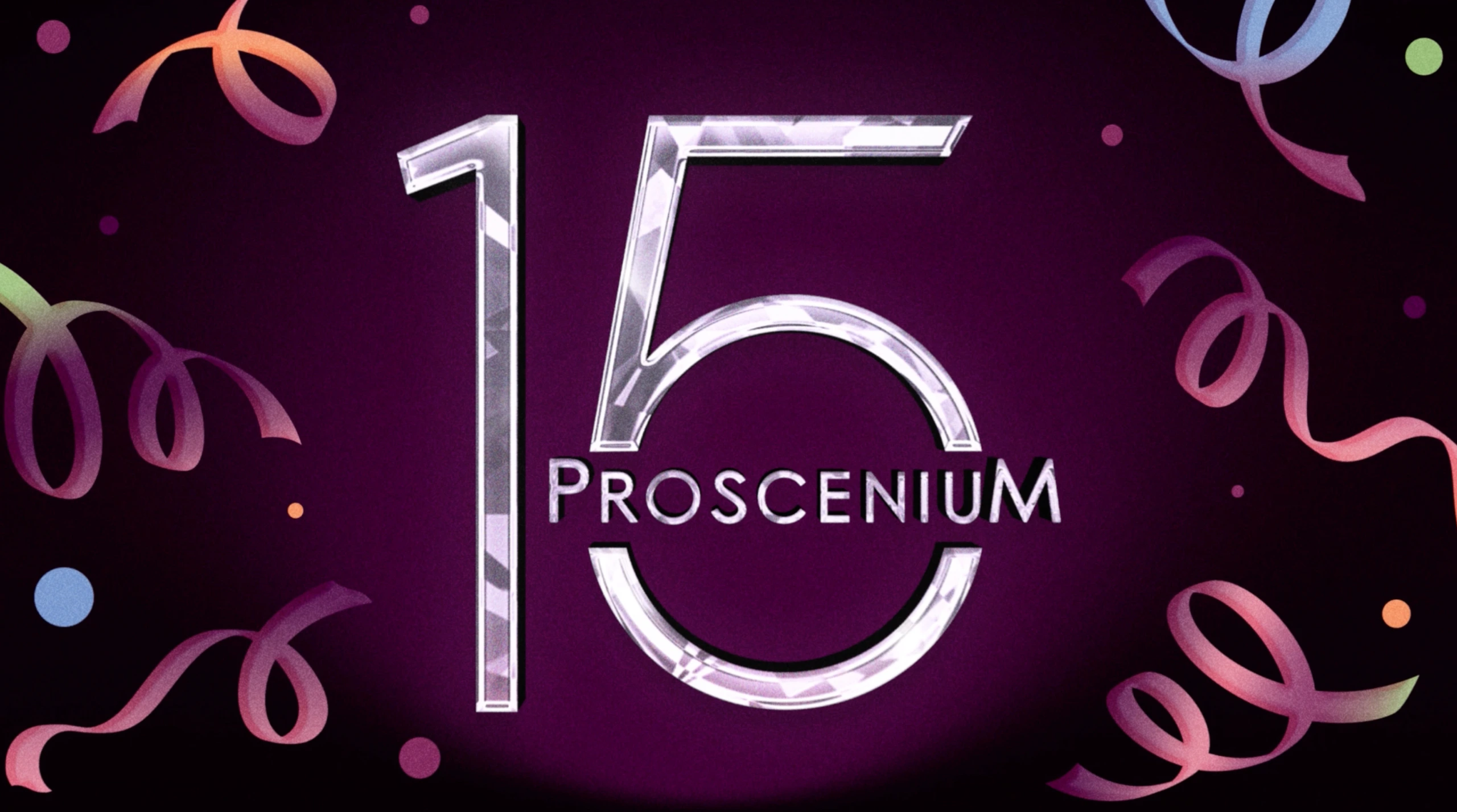 Proscenium 15th anniversary graphic, a silver 15 with confetti on plum
